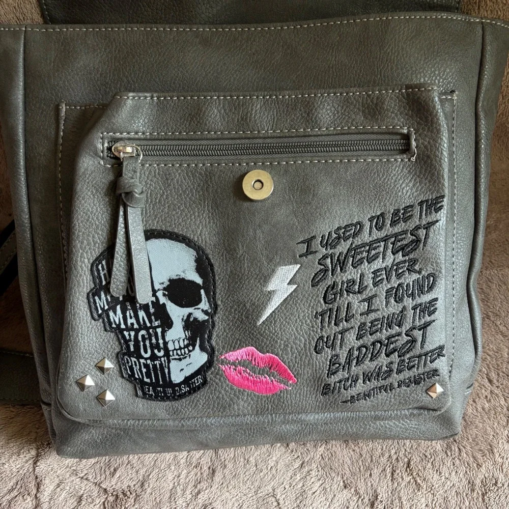 Beautiful Disaster Grey Studded Convertible Backpack Crossbody Bag Skull Punk